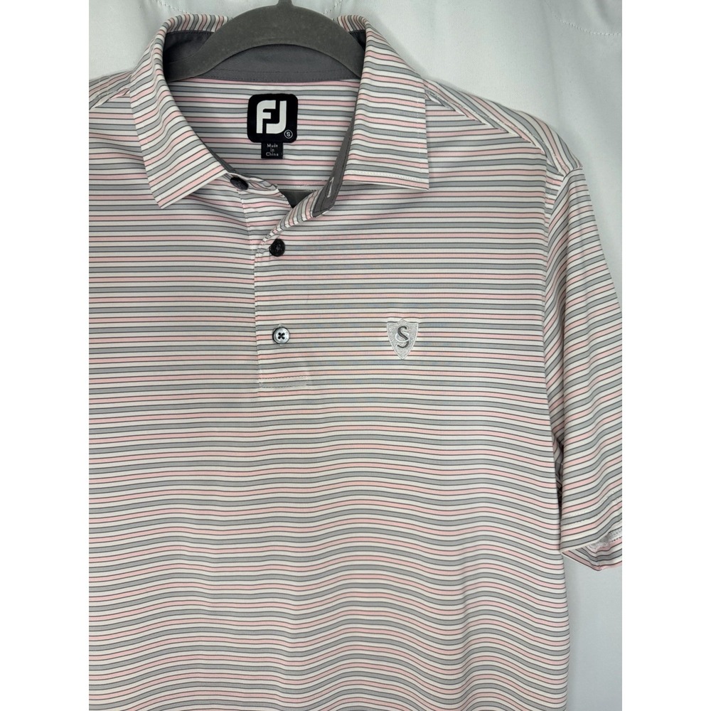 Footjoy Men's Small Pink White Gray Striped Short Sleeve Golf Polo Shirt - Picture 2 of 6